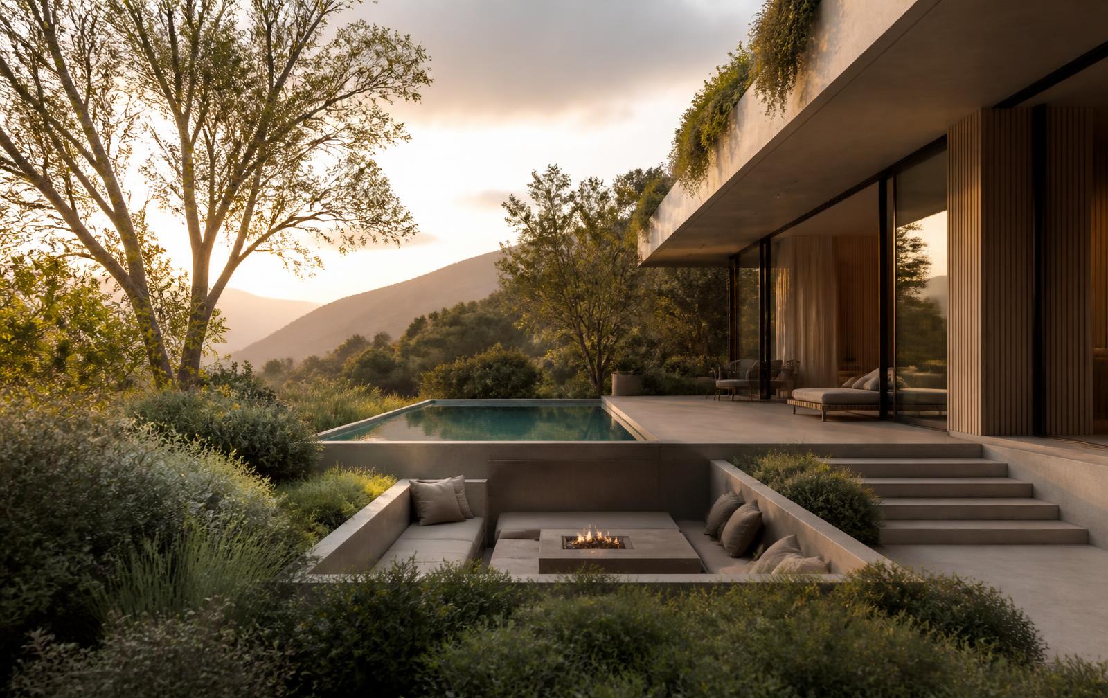 Warm modern home exterior at golden hour representing the bwyr connected ecosystem