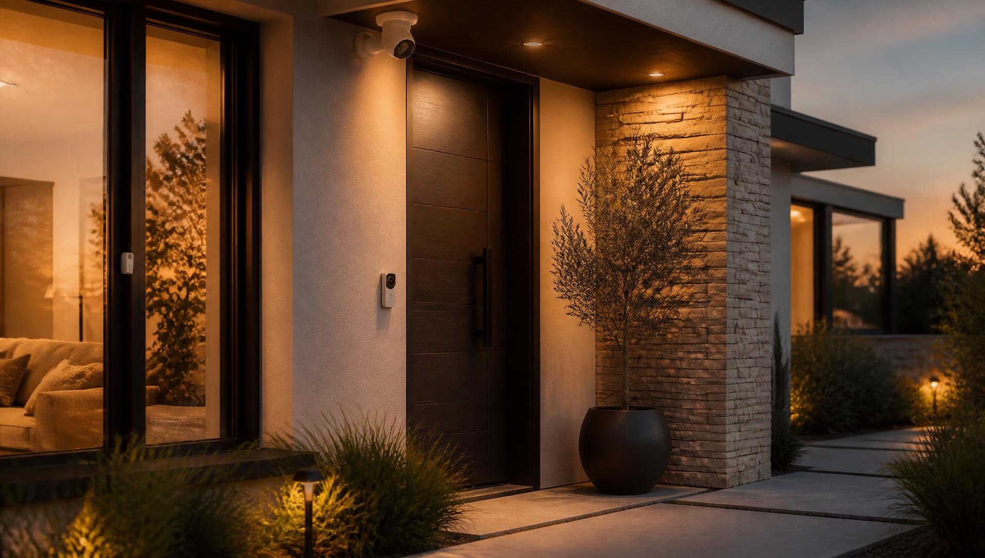Warm minimalist living room at dusk with a discreet bwyr sensor on the wall